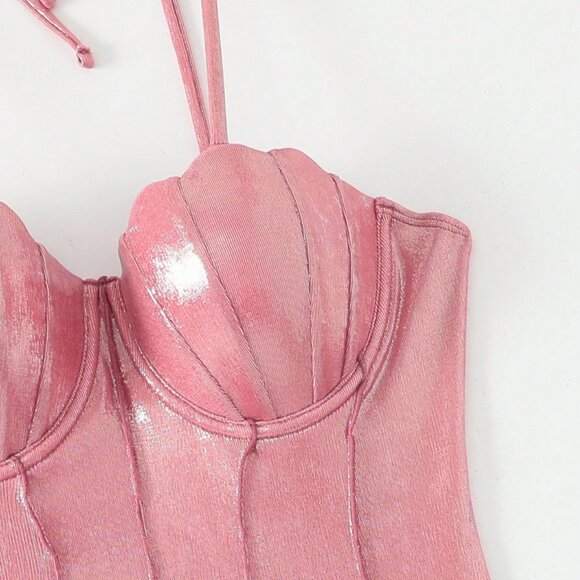 Pink High-End Sexy Women's Shiny Shell Push-Up One-Piece swimsuit w/ coverup - Picture 8 of 10